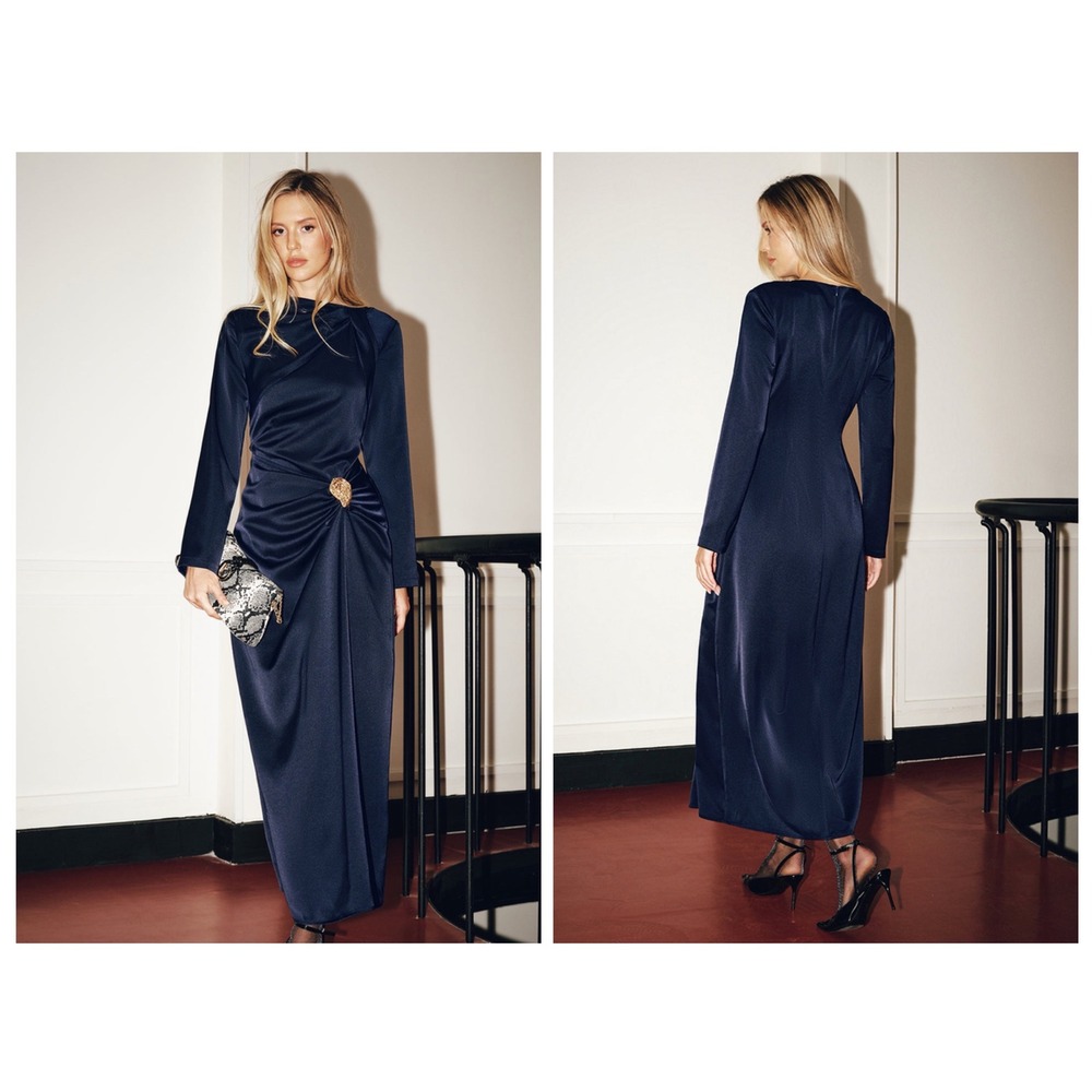 Commense Maxi Dress Medium Navy Blue Satin High Neck Gold Brooch Elegant Formal